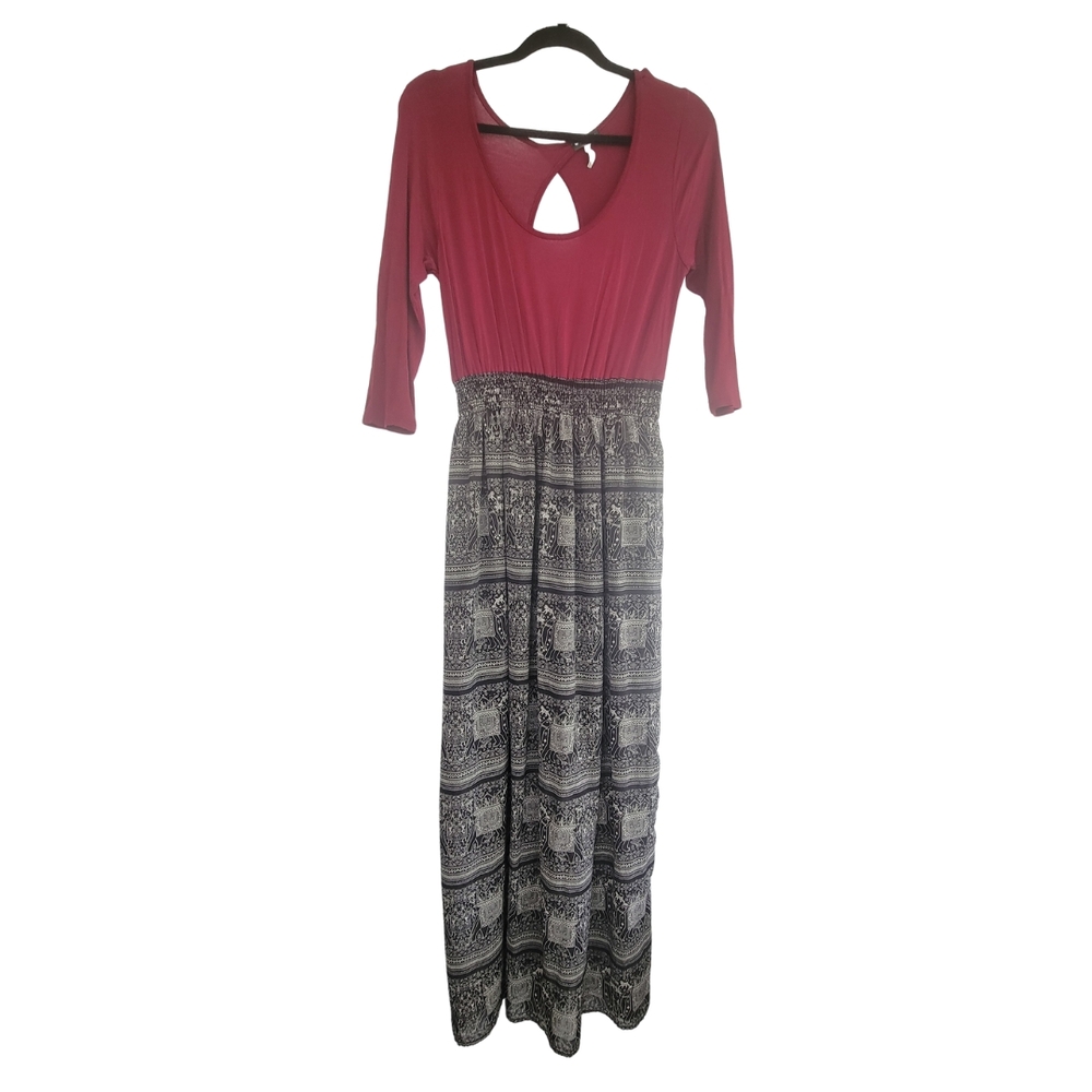Chic Maroon and Black Patterned Long Sleeve Dress